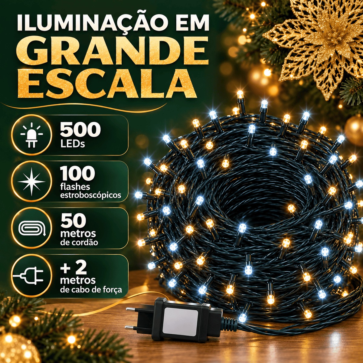 Strobo Pisca Pisca Cordão Natal 500 Leds 50m Prova D'Água Bivolt  100 Flash  Decoração Enfeite Natal LuvinCo