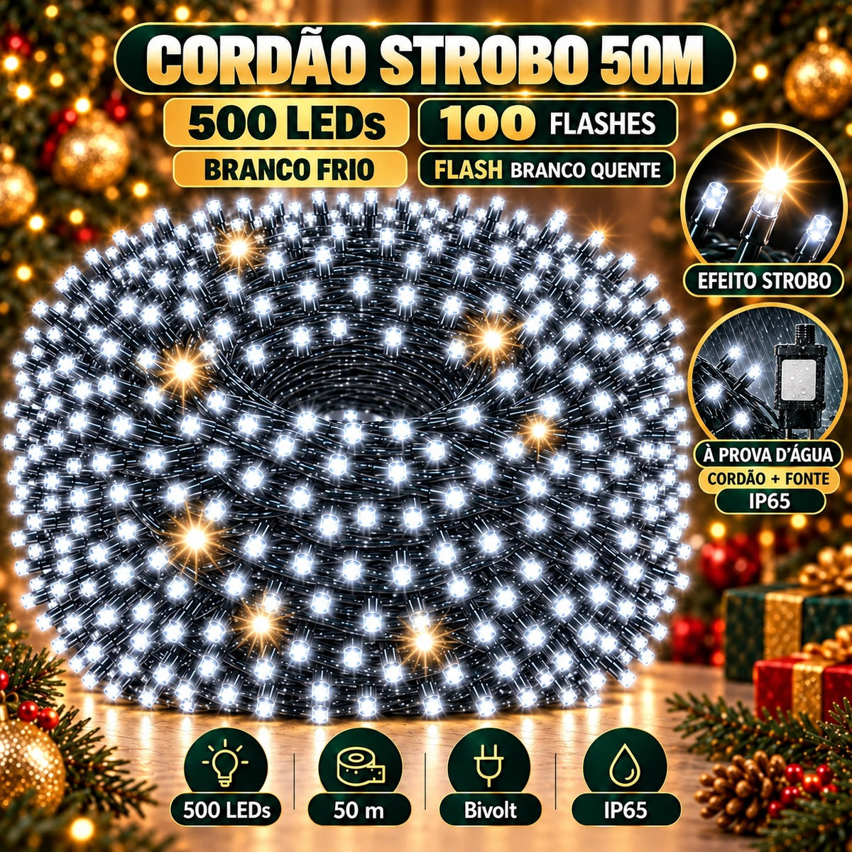 Strobo Pisca Pisca Cordão Natal 500 Leds 50m Prova D'Água Bivolt  100 Flash  Decoração Enfeite Natal LuvinCo