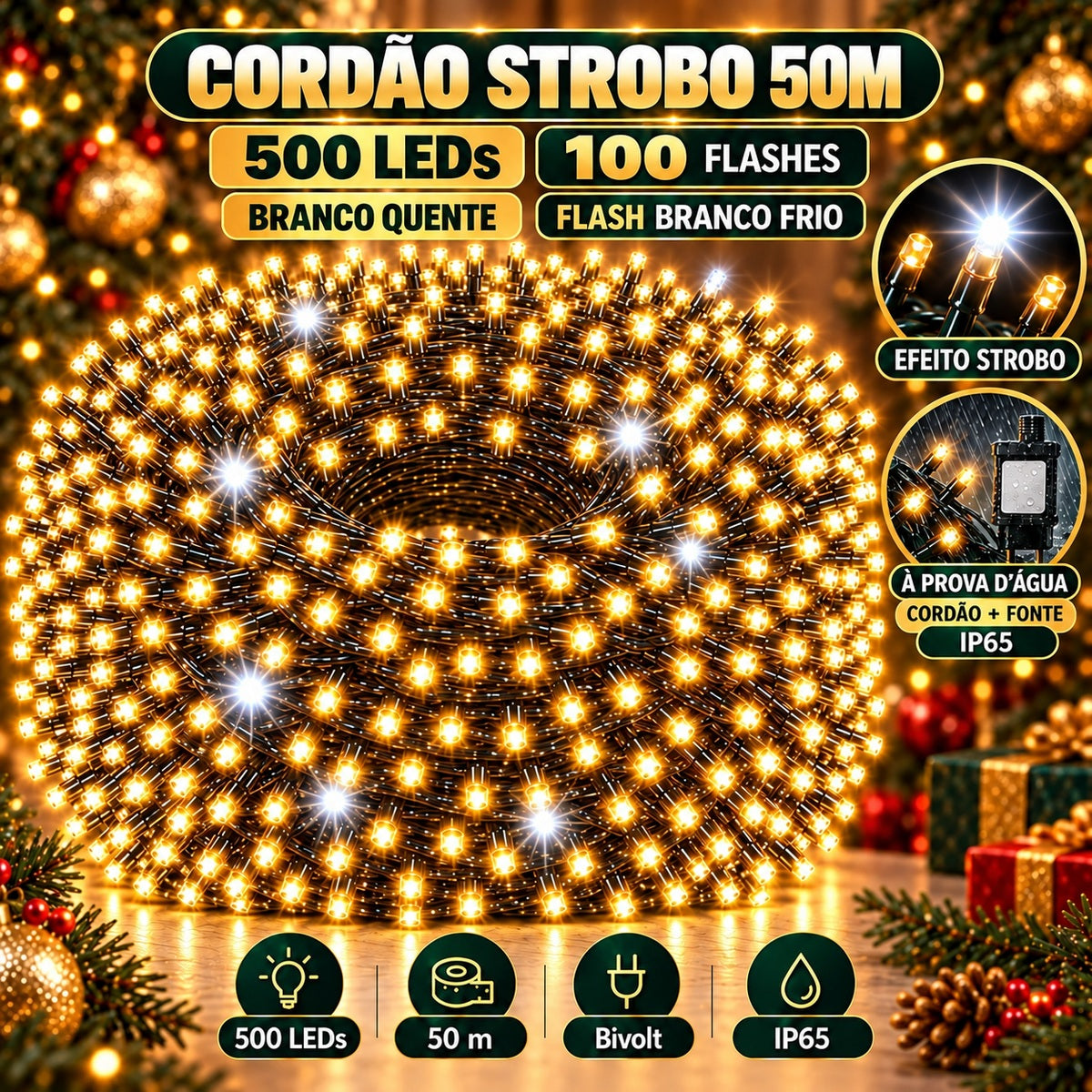 Strobo Pisca Pisca Cordão Natal 500 Leds 50m Prova D'Água Bivolt  100 Flash  Decoração Enfeite Natal LuvinCo