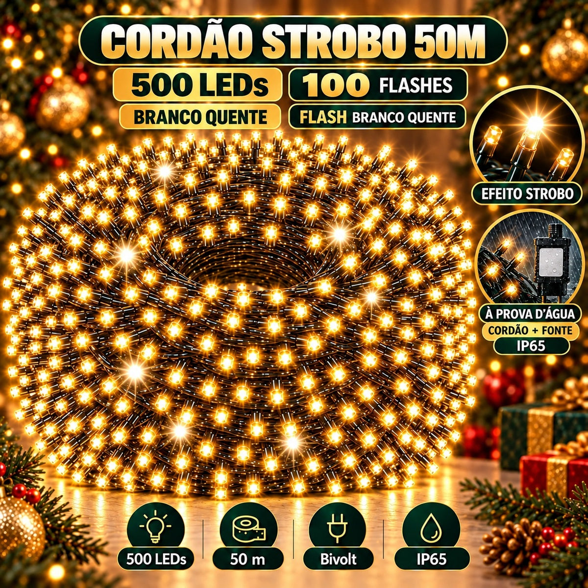 Strobo Pisca Pisca Cordão Natal 500 Leds 50m Prova D'Água Bivolt  100 Flash  Decoração Enfeite Natal LuvinCo