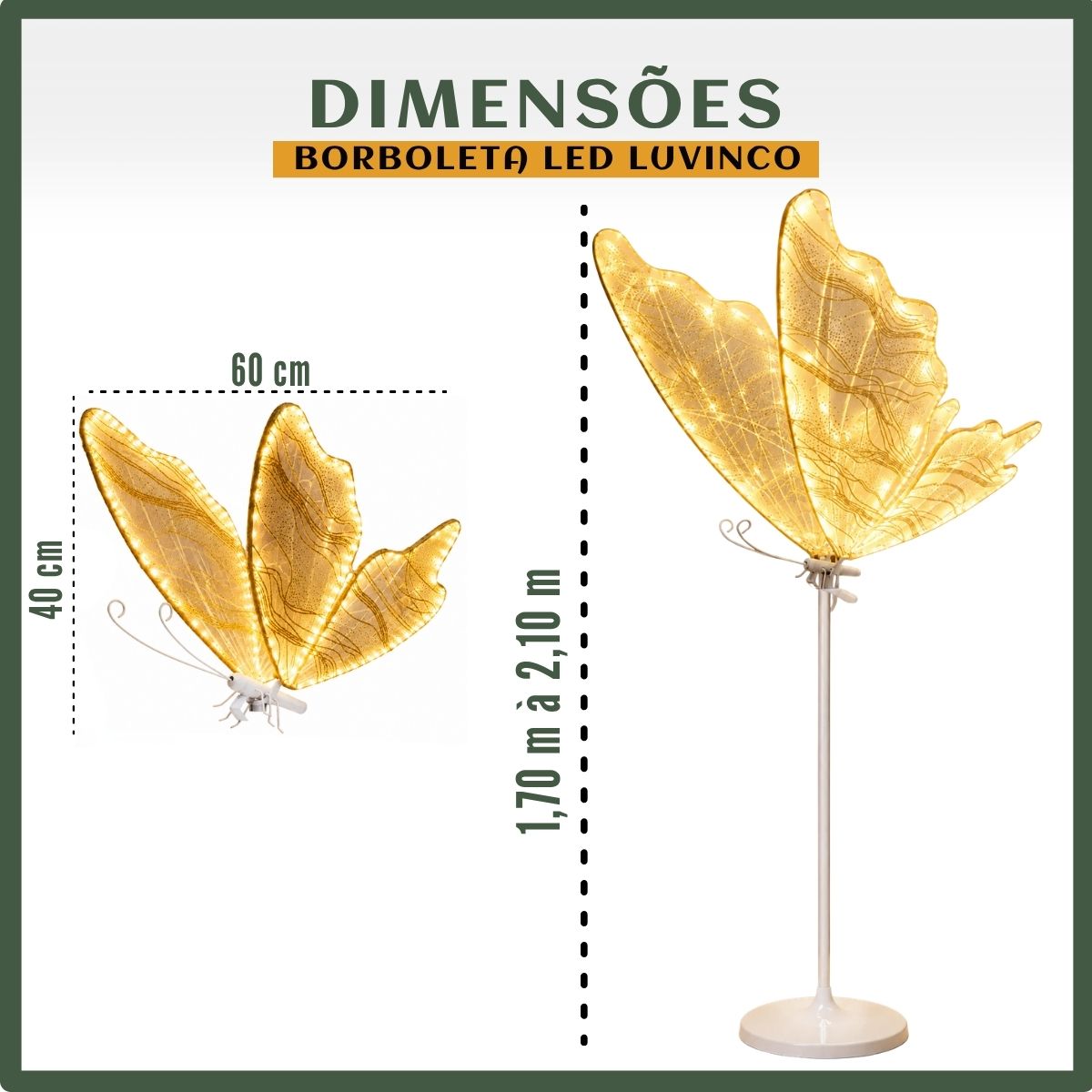 Borboleta Led Dourado Festa Decoração Natal 80cm Suporte