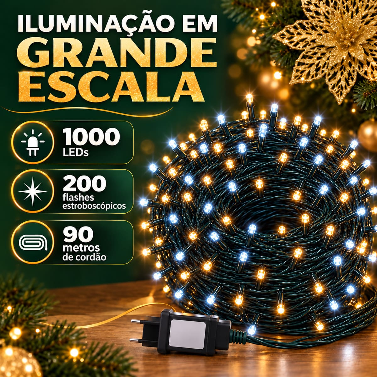 Strobo Pisca Pisca Cordão Natal 1000 Leds 90m Prova D'Água Bivolt 200 Flash  Decoração Enfeite Natal LuvinCo