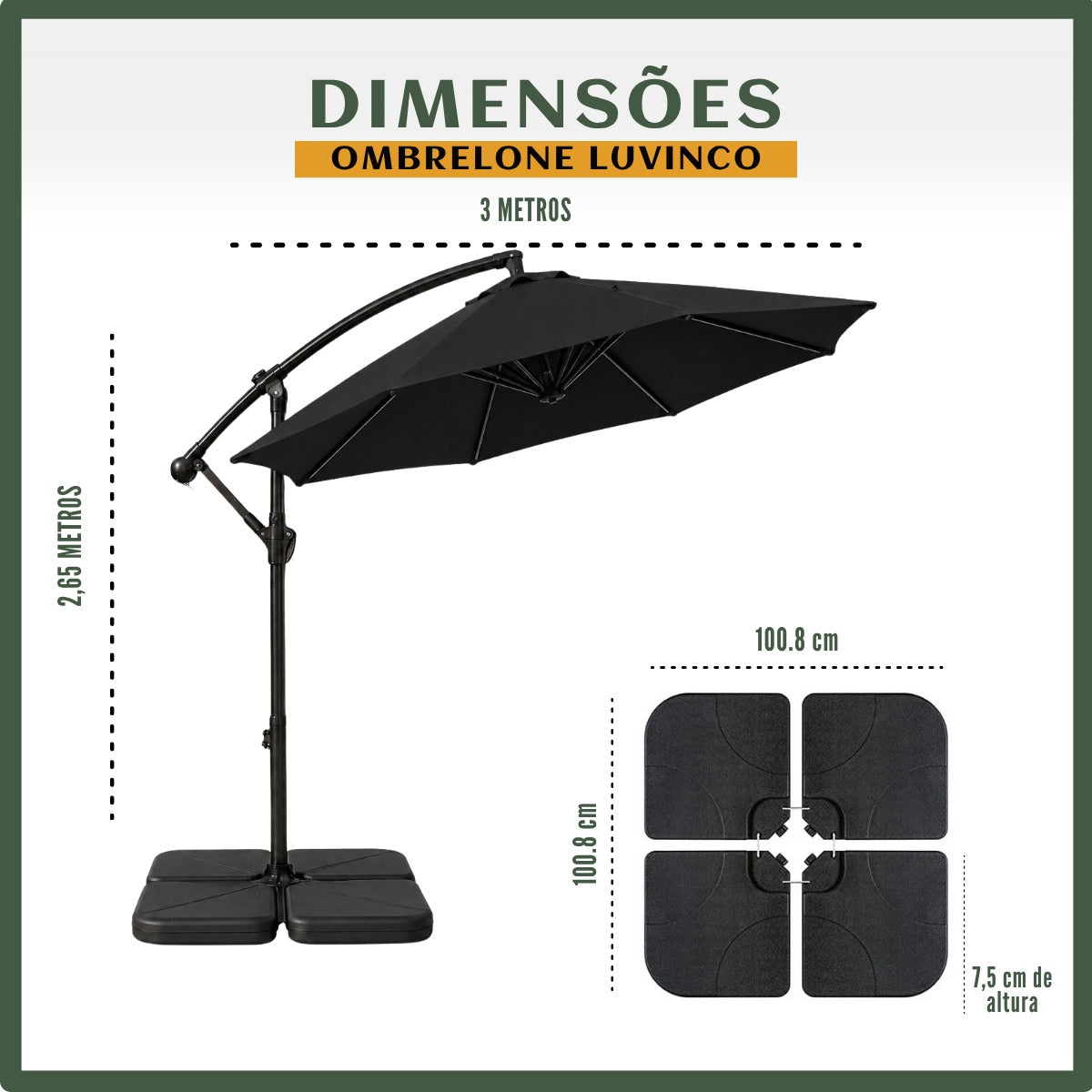 Guarda-sóis Ombrelone Lateral Com Base LuvinCo Ombrelone Estrutura Guarda Sol LuvinCo