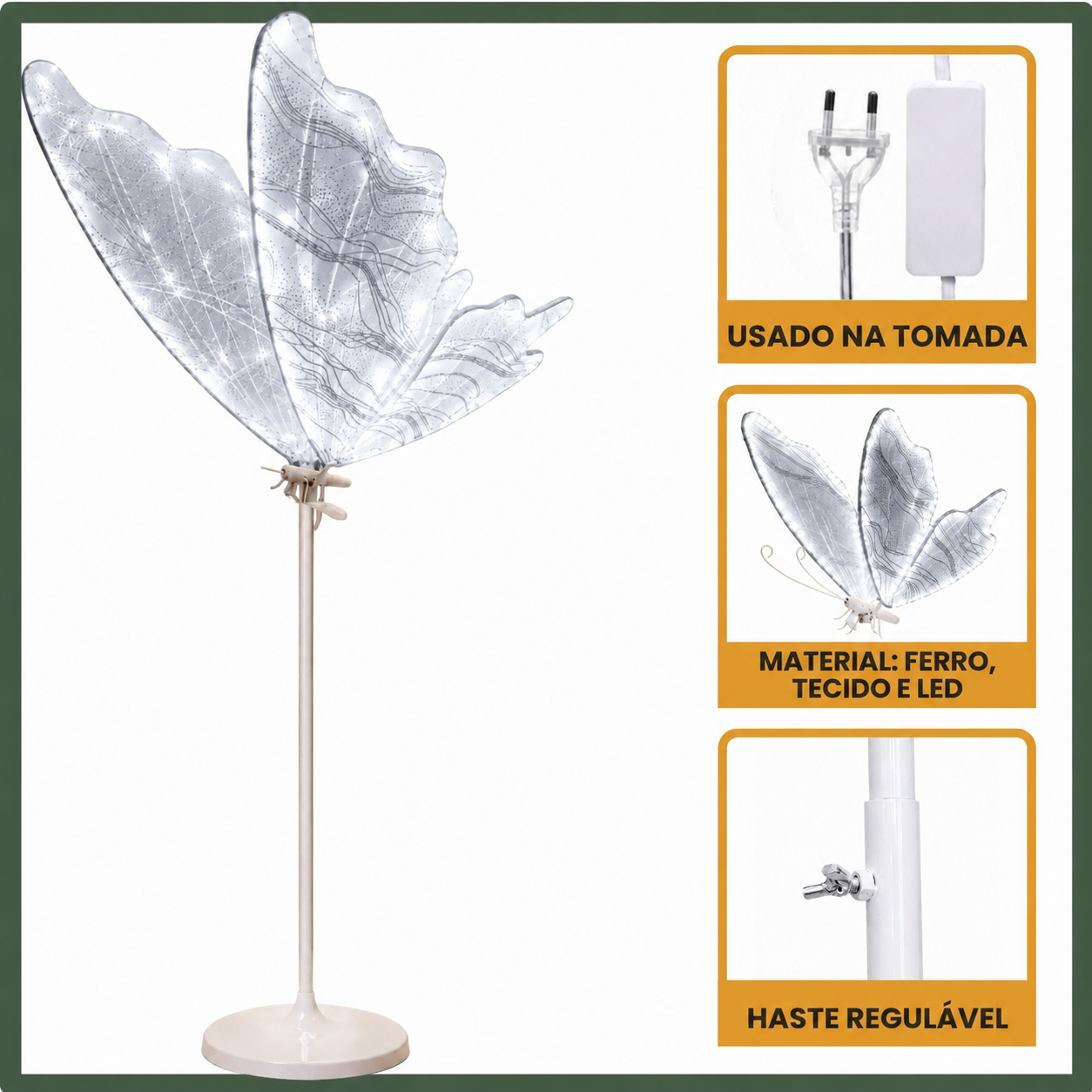 Borboleta Led Dourado Festa Decoração Natal 80cm Suporte