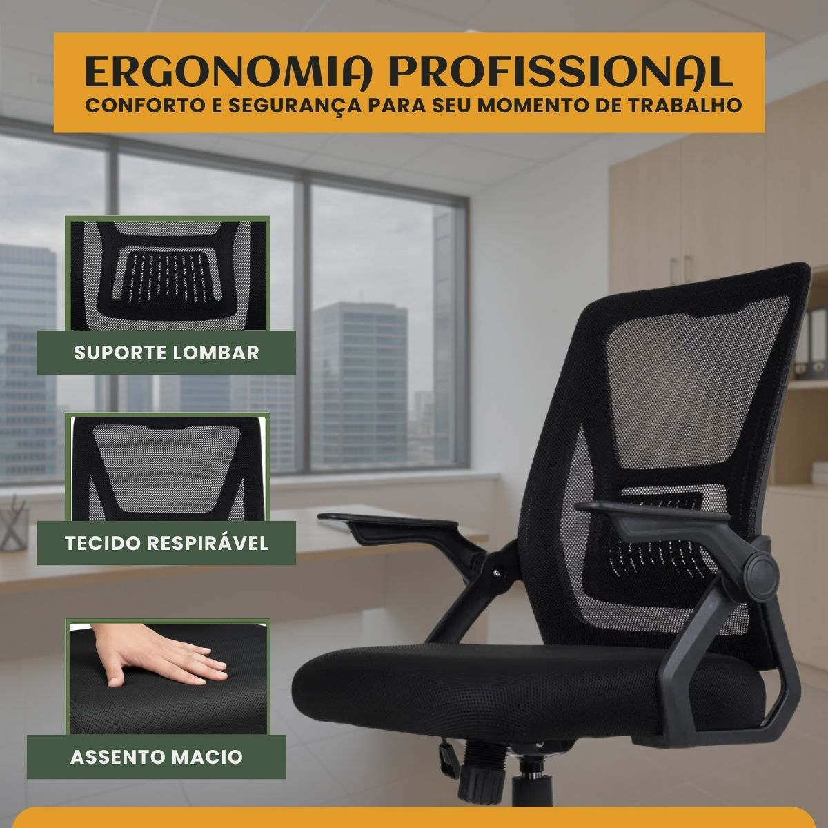 Cadeira de Escritório Presidente Ergonômica Valência Diretor Executiva com Apoio de Braço, Suporte Lombar e Malha Respirável