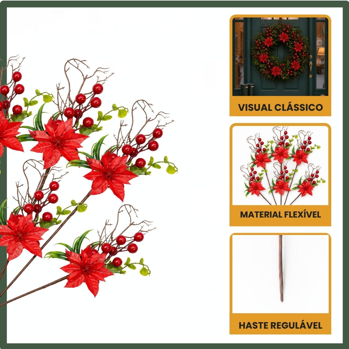 Kit Com 6 Azevinhos Galhos Decorados Natal LuvinCo