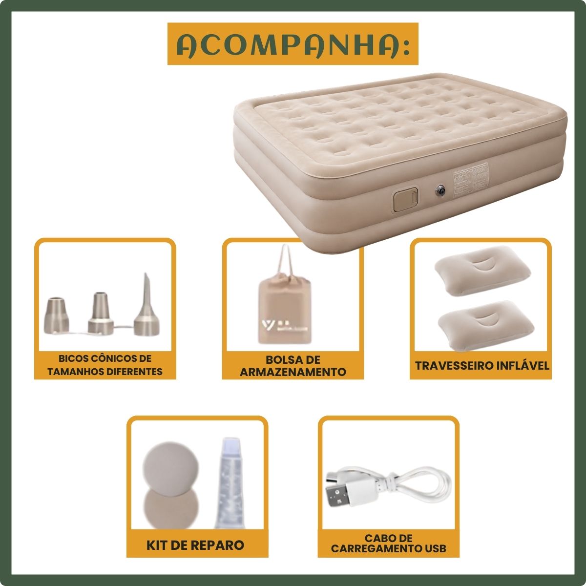 Colchão Inflável Queen Bateria Lítio Integrada 203x154x44cm Elétrico Prova D'água Acampamento Família Viagens Resistente E Confortável Luvinco Creme