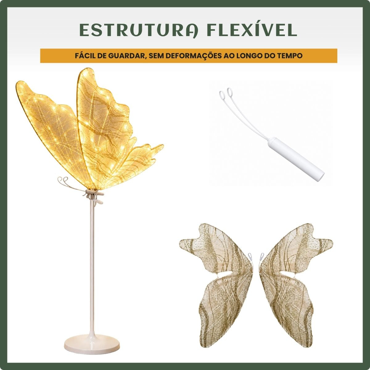Borboleta Led Dourado Festa Decoração Natal 80cm Suporte