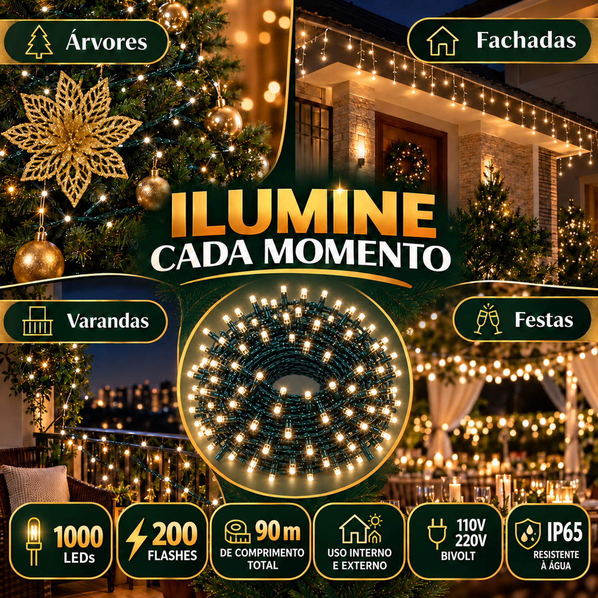 Strobo Pisca Pisca Cordão Natal 1000 Leds 90m Prova D'Água Bivolt 200 Flash  Decoração Enfeite Natal LuvinCo