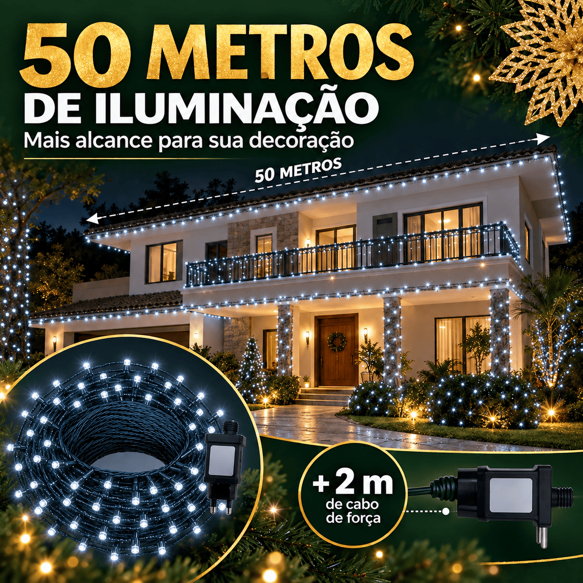 Strobo Pisca Pisca Cordão Natal 500 Leds 50m Prova D'Água Bivolt  100 Flash  Decoração Enfeite Natal LuvinCo