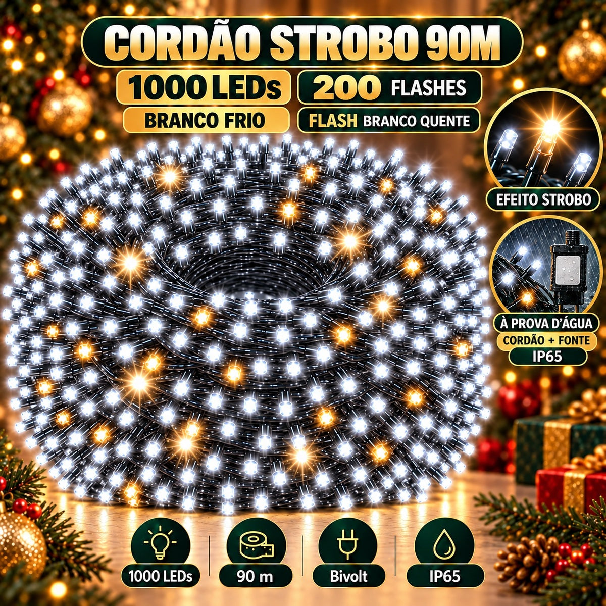 Strobo Pisca Pisca Cordão Natal 1000 Leds 90m Prova D'Água Bivolt 200 Flash  Decoração Enfeite Natal LuvinCo