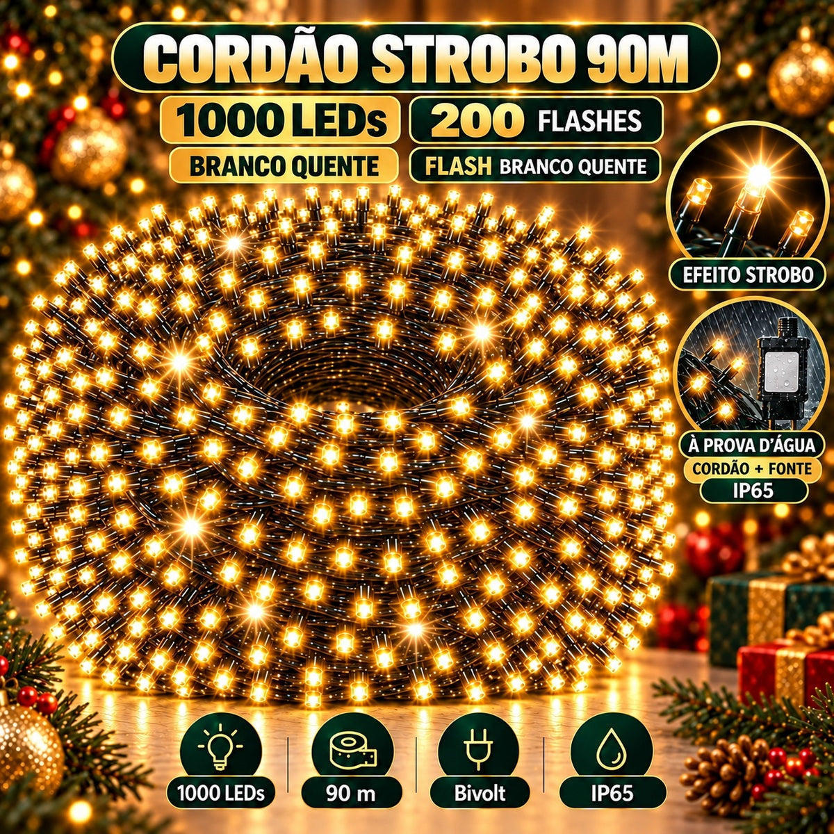 Strobo Pisca Pisca Cordão Natal 1000 Leds 90m Prova D'Água Bivolt 200 Flash  Decoração Enfeite Natal LuvinCo