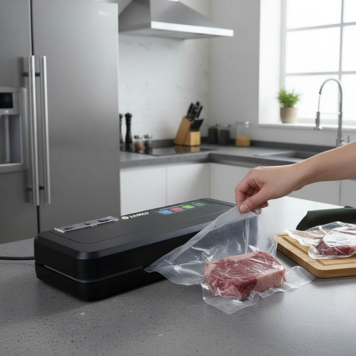 Seladora A Vácuo Automática Embaladora Reservatório Alimentos Úmidos Líquidos Açougue Embalagens Plásticas