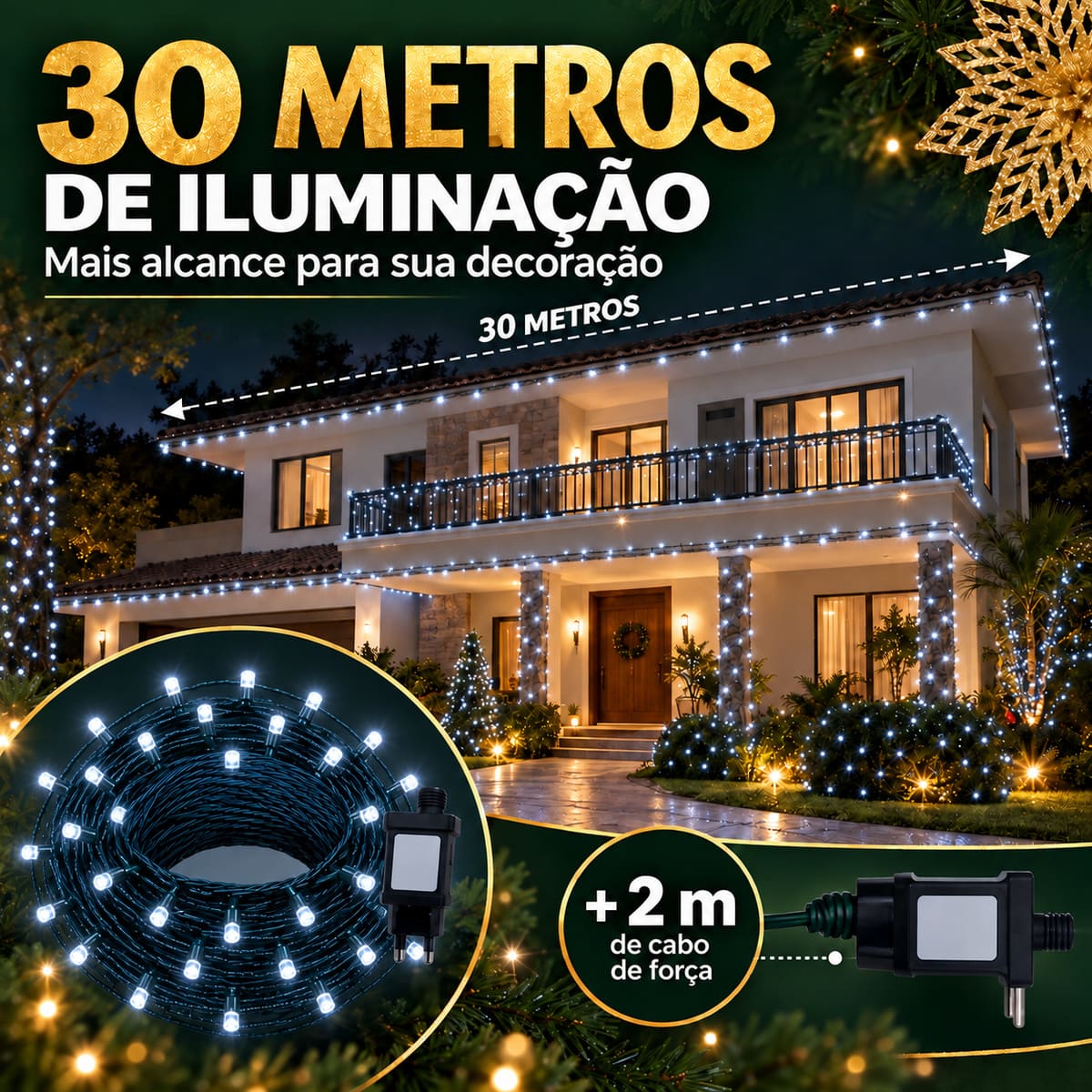 Strobo Pisca Pisca Cordão Natal 300 Leds 30m Prova D'Água Bivolt 30 Flash Decoração Enfeite Natal LuvinCo