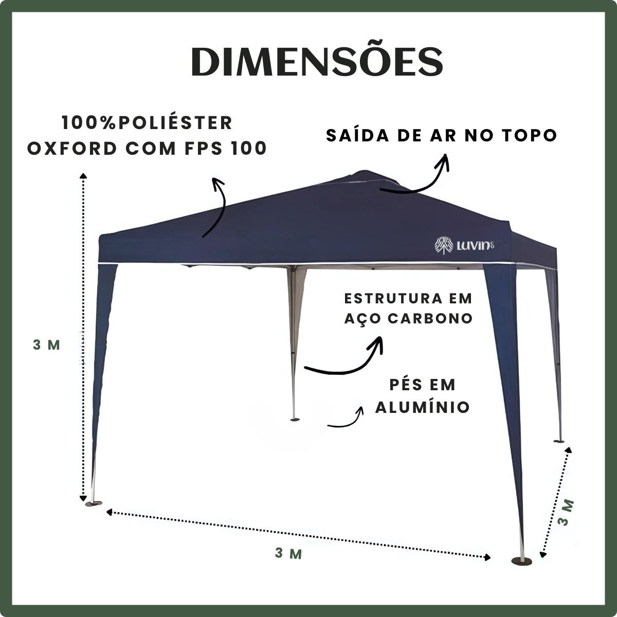 Gazebo Tenda Sanfonada Articulada Luvinco 3x3m Azul Impermeável Resistente Proteção Ar Livre Camping
