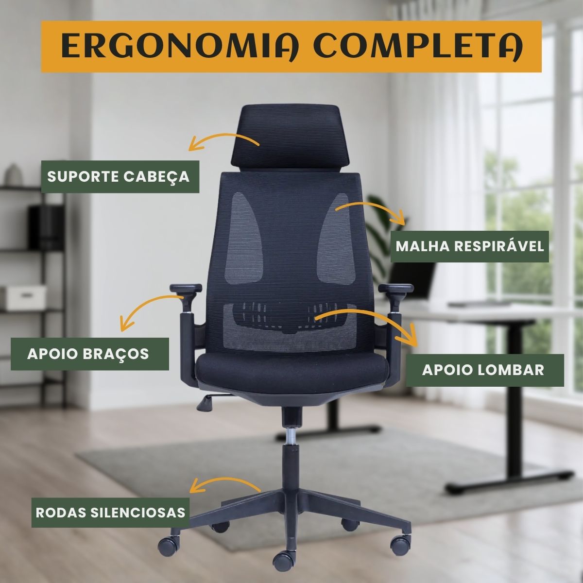 Cadeira De Escritório Ergonômica Seattle Luvinco Presidente Malha Respirável Tela Mesh Braço Ajustável 3D Encosto Lombar