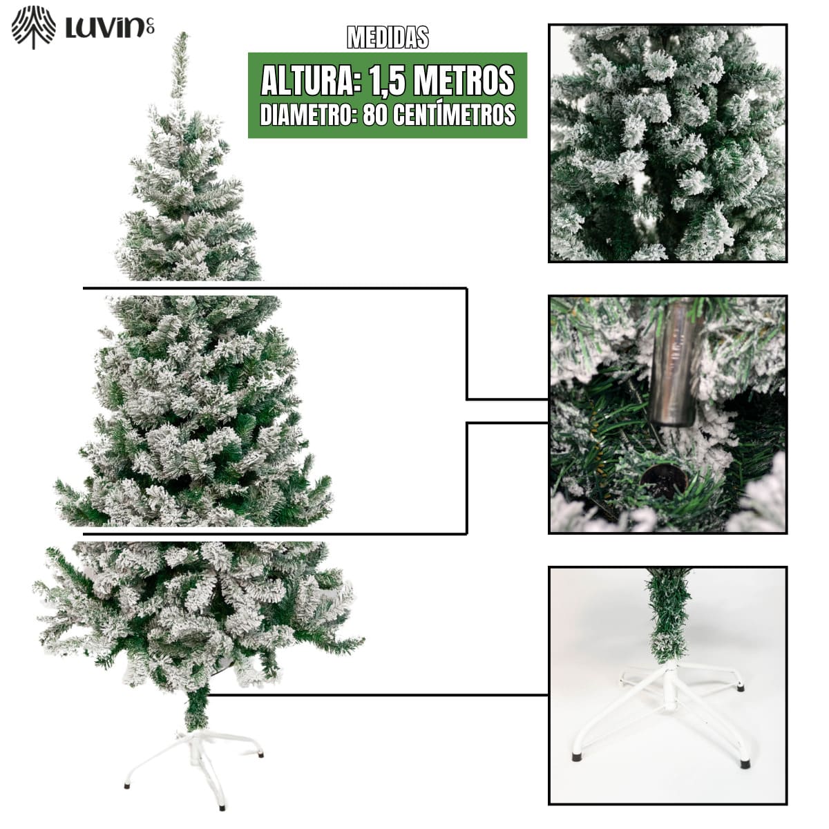 Árvore De Natal Pinheiro Nevada 1,50m 400 Galhos Premium Tradicional Grande Branca Cheia Neve Luxo Luvinco