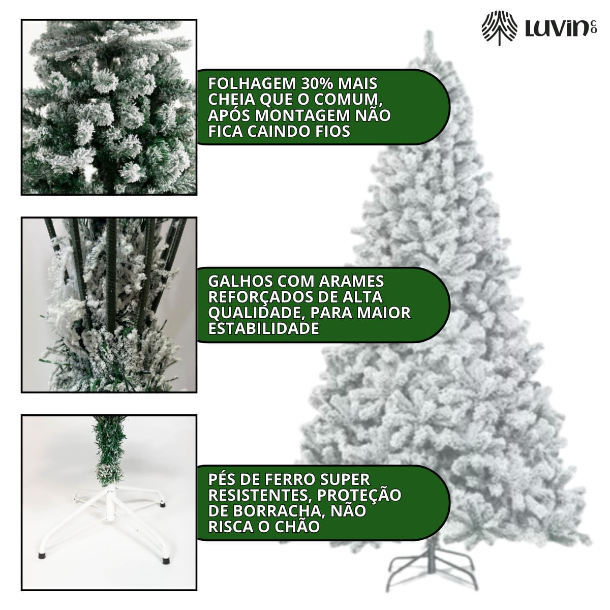 Árvore De Natal Pinheiro Nevada 2,10m 900 Galhos Premium Tradicional Grande Branca Cheia Neve Luxo Luvinco