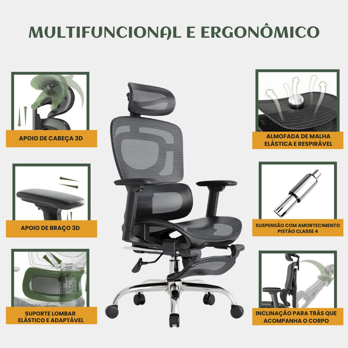 Cadeira De Escritório Ergonômica Mônaco BT07 e WT07 Preto e Branco Luvinco Malha Respirável com Suporte Lombar Adaptável Apoio para Pés Retrátil Encosto Ajustável Seis Posições Suporta 200kg