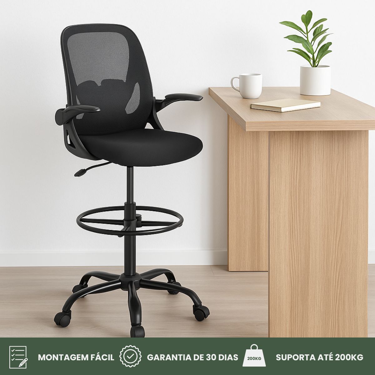 Cadeira De Escritório Ergonômica Executiva Braços Dobráveis Anel De Apoio Para Pés Ajustável Bq01 Suporte Lombar Cor Preta Luvinco