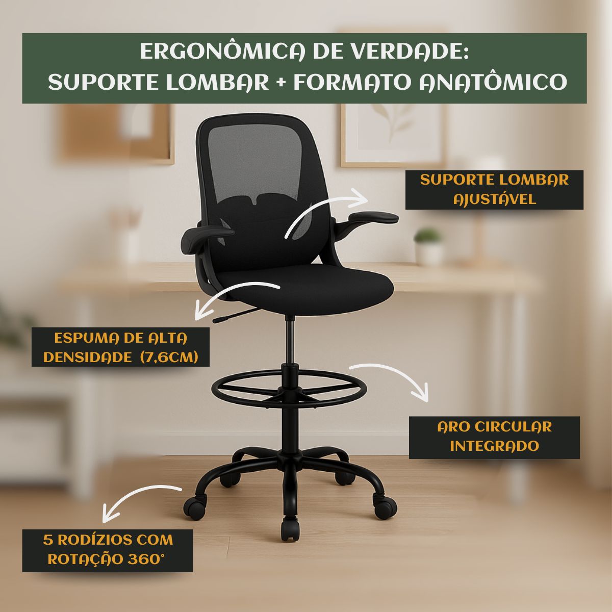 Cadeira De Escritório Ergonômica Executiva Braços Dobráveis Anel De Apoio Para Pés Ajustável Bq01 Suporte Lombar Cor Preta Luvinco