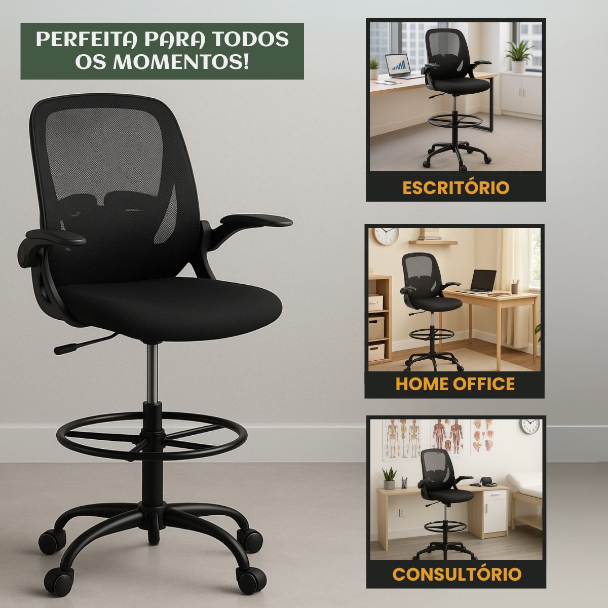Cadeira De Escritório Ergonômica Executiva Braços Dobráveis Anel De Apoio Para Pés Ajustável Bq01 Suporte Lombar Cor Preta Luvinco