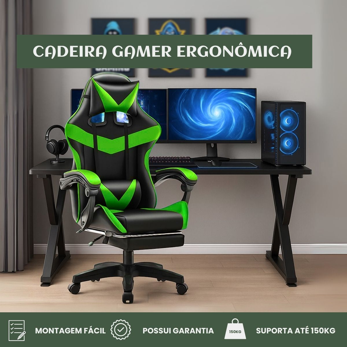 Cadeira De Escritório Gamer Nitro Ergonômica Estofado Couro Sintético Reclinável Altura Ajustável Apoio Para Pés LuvinCo