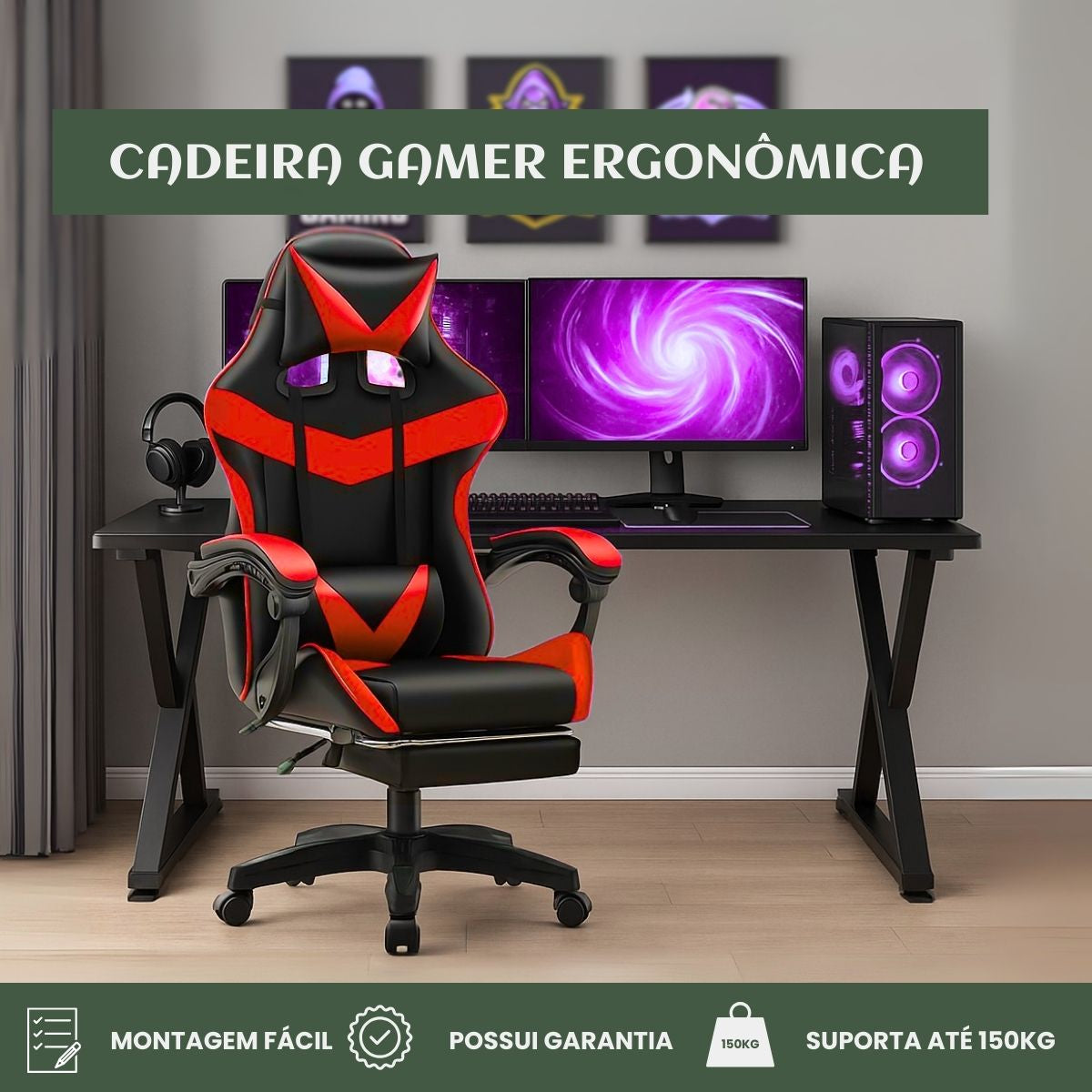 Cadeira De Escritório Gamer Nitro Ergonômica Estofado Couro Sintético Reclinável Altura Ajustável Apoio Para Pés LuvinCo