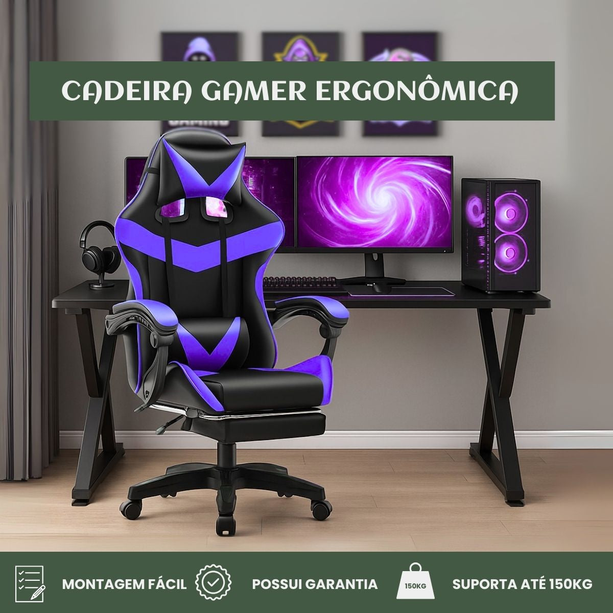 Cadeira De Escritório Gamer Nitro Ergonômica Estofado Couro Sintético Reclinável Altura Ajustável Apoio Para Pés LuvinCo