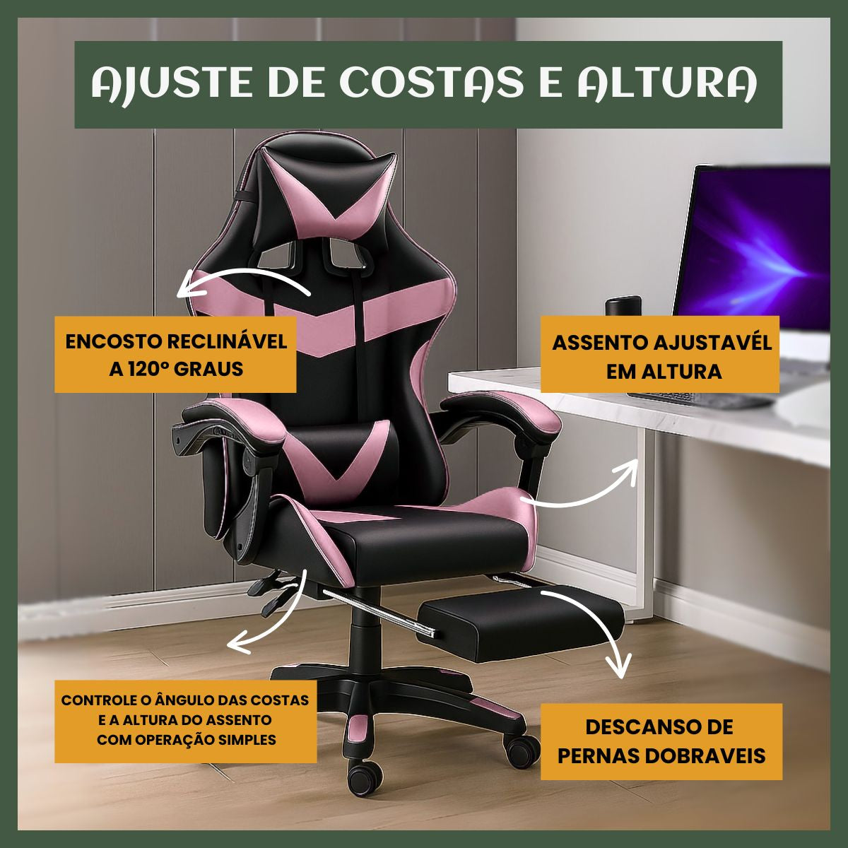 Cadeira De Escritório Gamer Nitro Ergonômica Estofado Couro Sintético Reclinável Altura Ajustável Apoio Para Pés LuvinCo