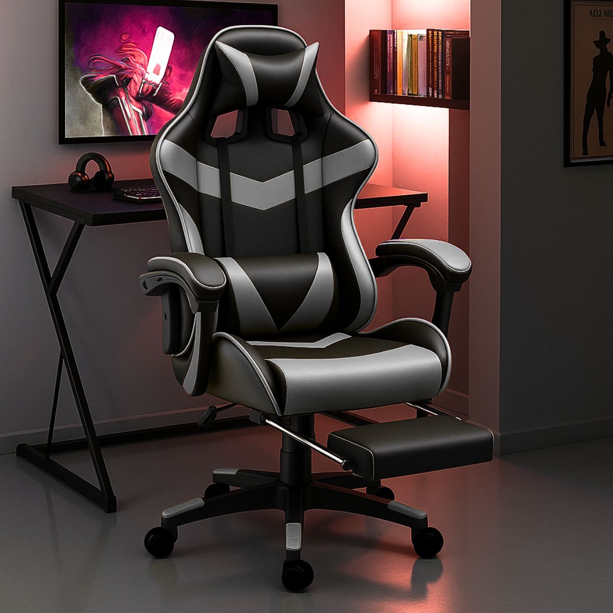 Cadeira De Escritório Gamer Nitro Ergonômica Estofado Couro Sintético Reclinável Altura Ajustável Apoio Para Pés LuvinCo