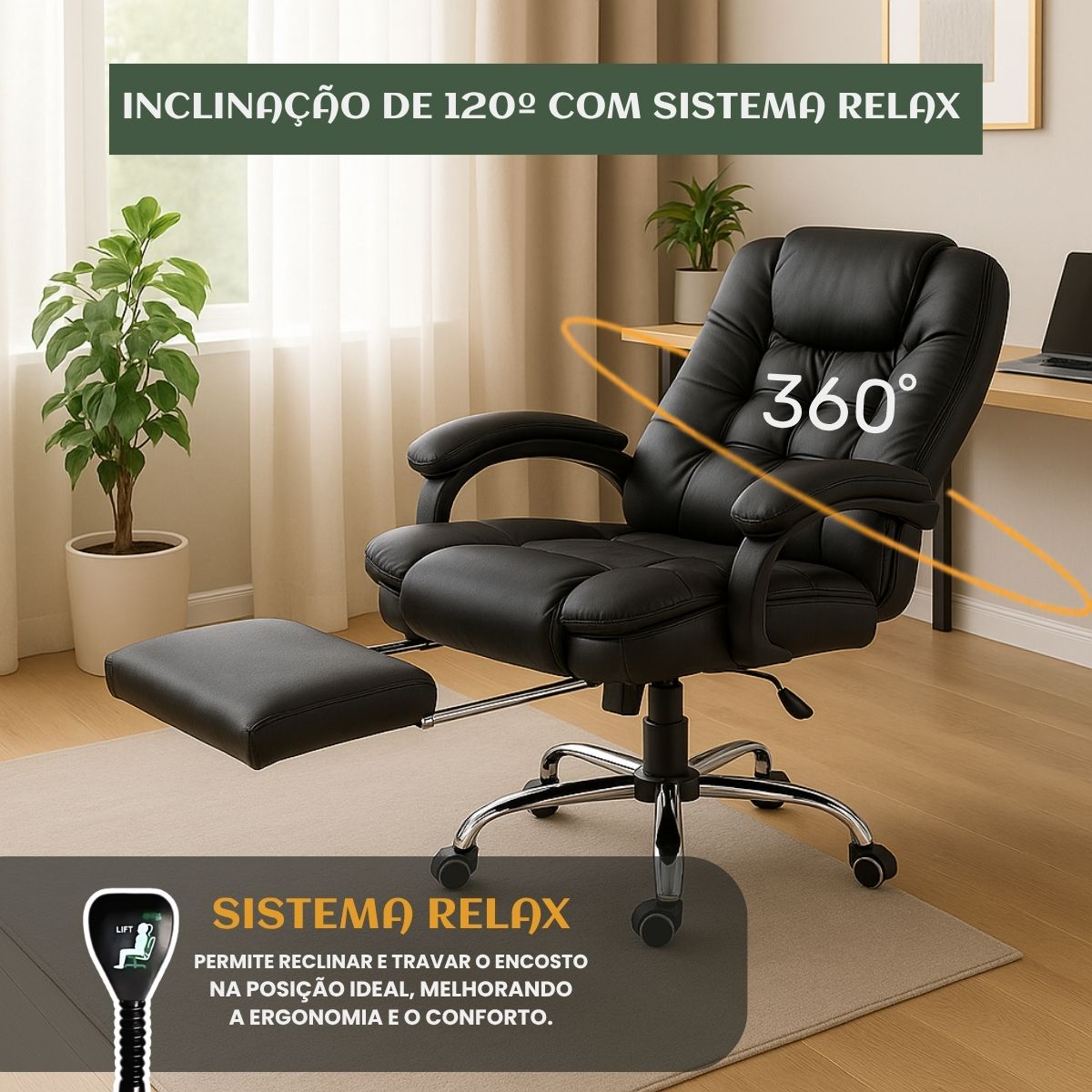 Cadeira De Escritório Itália Presidente Ergonômica Couro Sintético Encosto Ajustável Com Trava E Apoio Para Pés LuvinCo