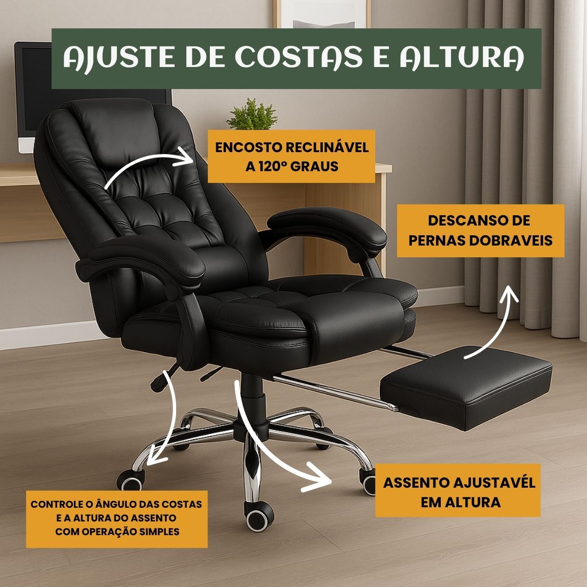 Cadeira De Escritório Itália Presidente Ergonômica Couro Sintético Encosto Ajustável Com Trava E Apoio Para Pés LuvinCo