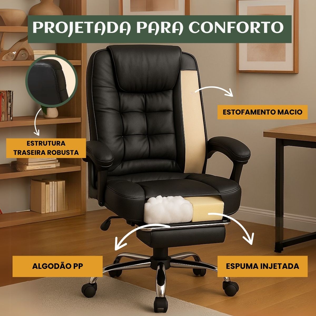 Cadeira De Escritório Itália Presidente Ergonômica Couro Sintético Encosto Ajustável Com Trava E Apoio Para Pés LuvinCo