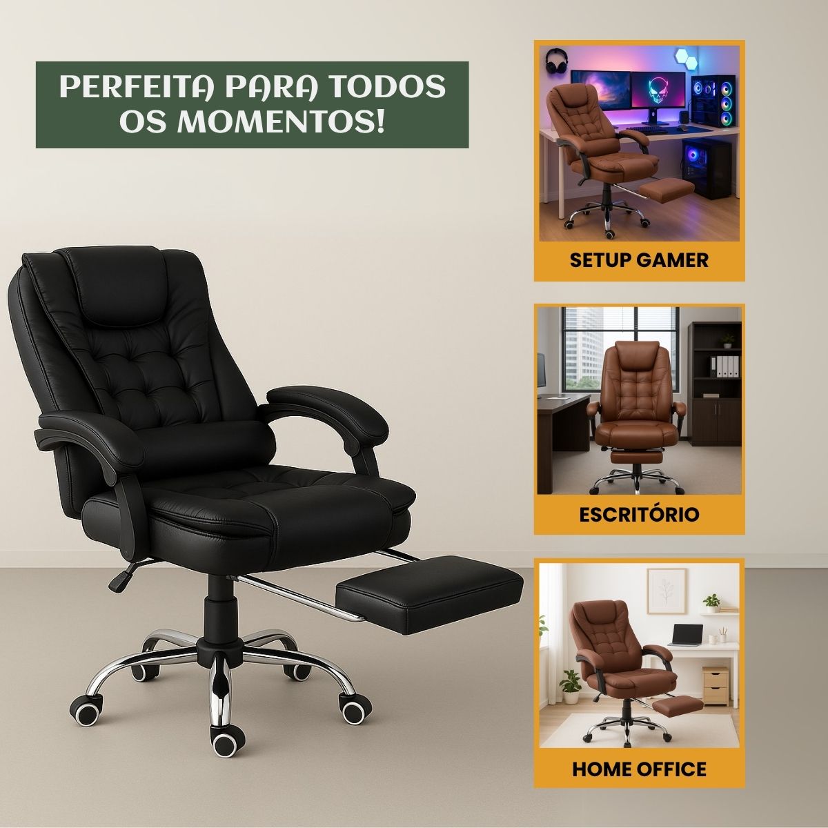 Cadeira De Escritório Itália Presidente Ergonômica Couro Sintético Encosto Ajustável Com Trava E Apoio Para Pés LuvinCo