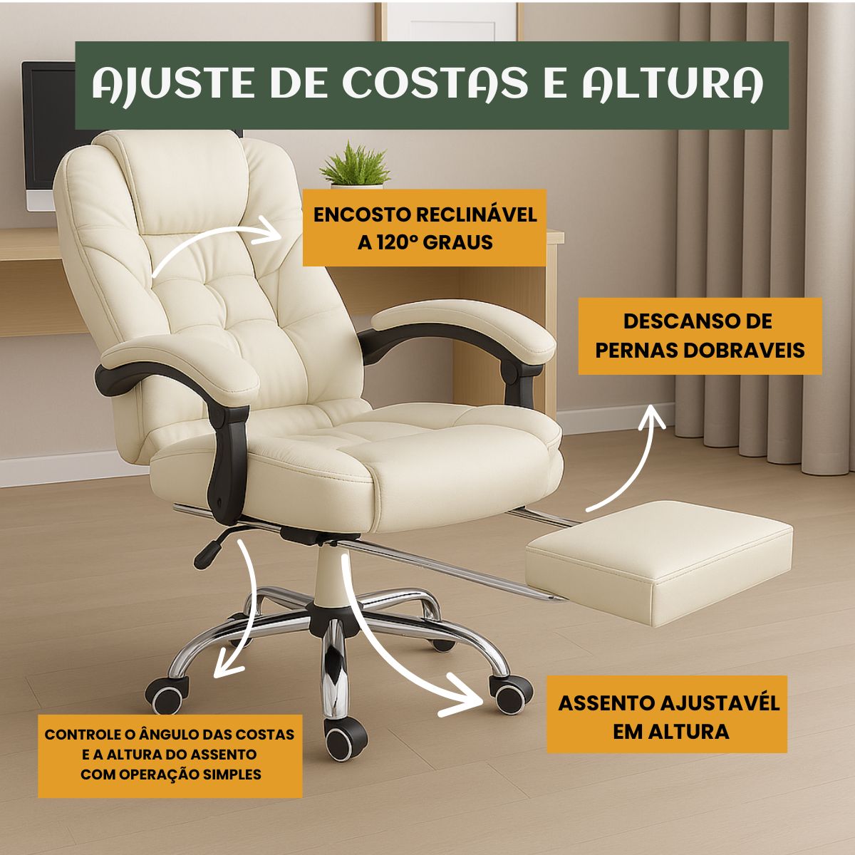 Cadeira De Escritório Itália Presidente Ergonômica Couro Sintético Encosto Ajustável Com Trava E Apoio Para Pés LuvinCo