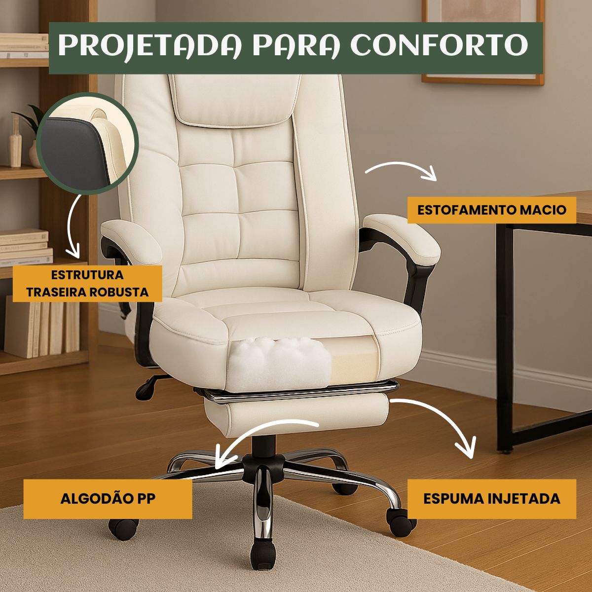 Cadeira De Escritório Itália Presidente Ergonômica Couro Sintético Encosto Ajustável Com Trava E Apoio Para Pés LuvinCo