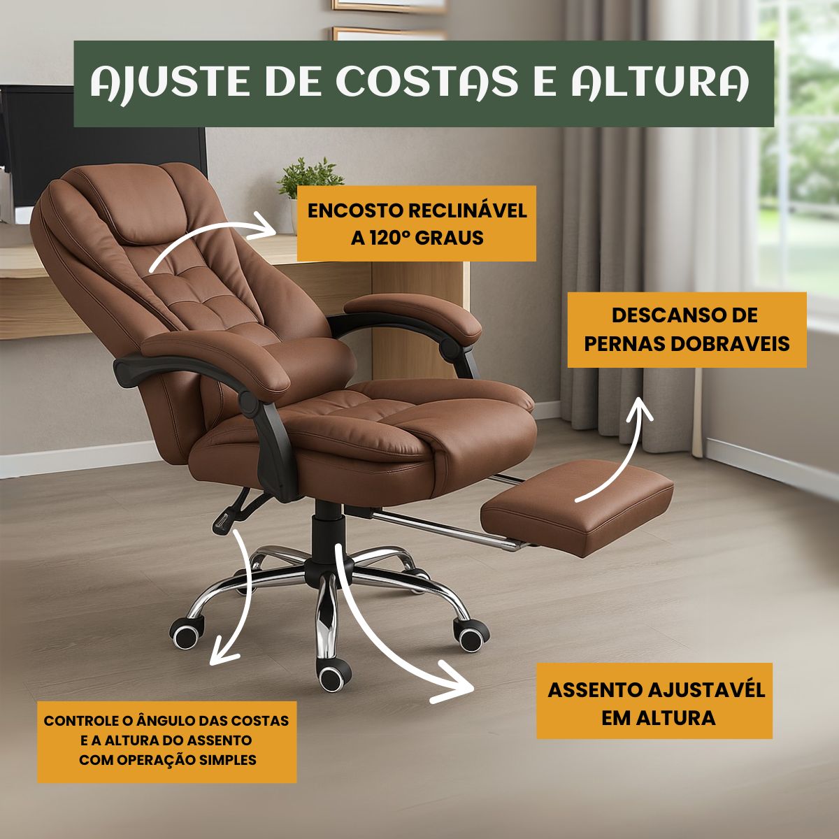Cadeira De Escritório Itália Presidente Ergonômica Couro Sintético Encosto Ajustável Com Trava E Apoio Para Pés LuvinCo