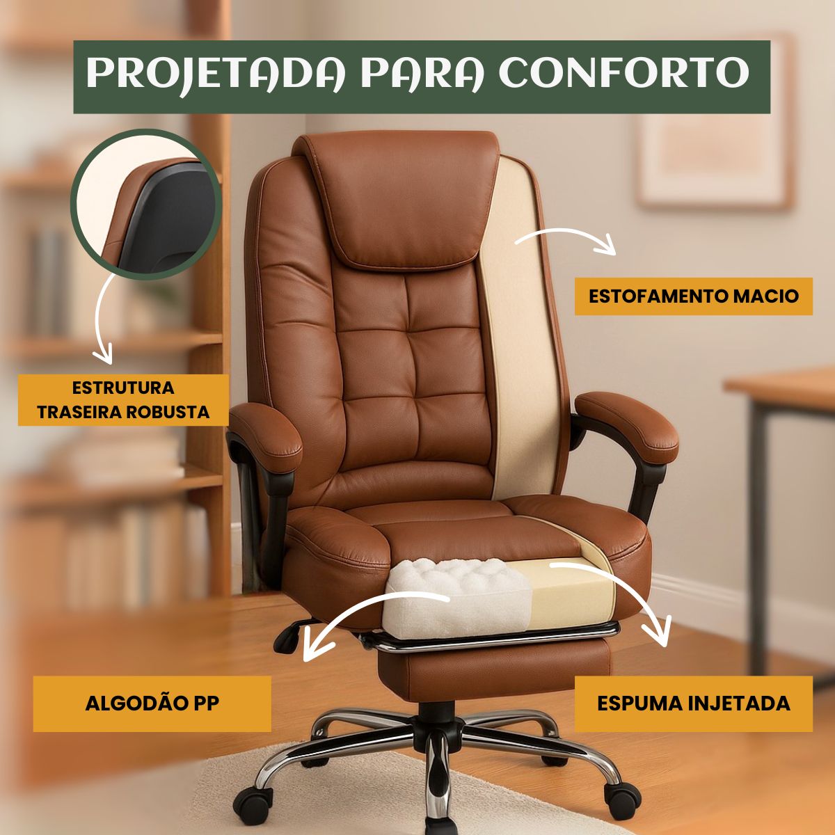 Cadeira De Escritório Itália Presidente Ergonômica Couro Sintético Encosto Ajustável Com Trava E Apoio Para Pés LuvinCo