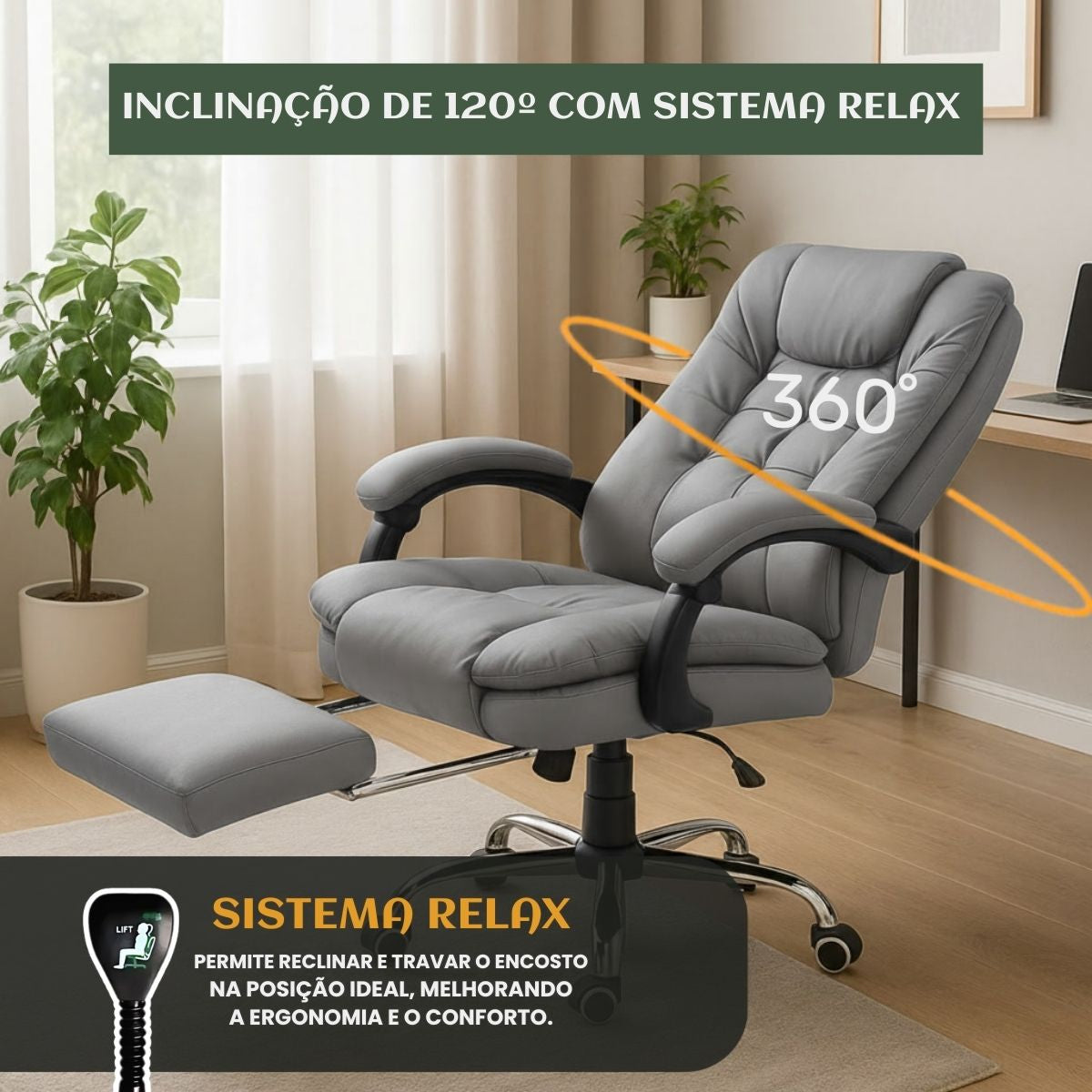 Cadeira De Escritório Itália Presidente Ergonômica Couro Sintético Encosto Ajustável Com Trava E Apoio Para Pés LuvinCo