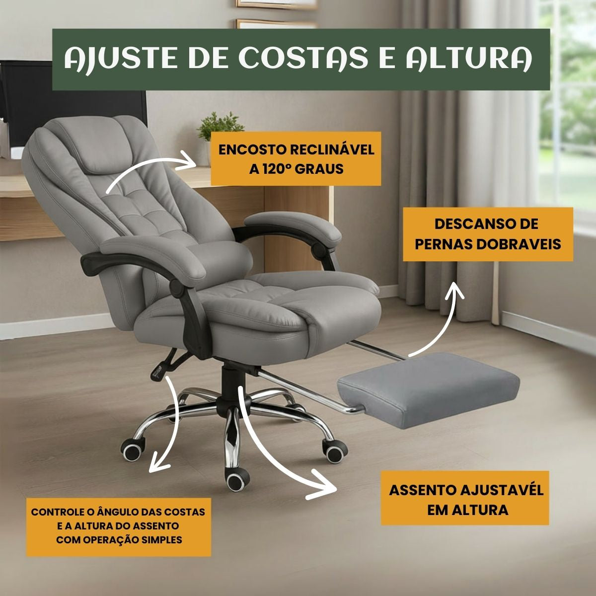 Cadeira De Escritório Itália Presidente Ergonômica Couro Sintético Encosto Ajustável Com Trava E Apoio Para Pés LuvinCo