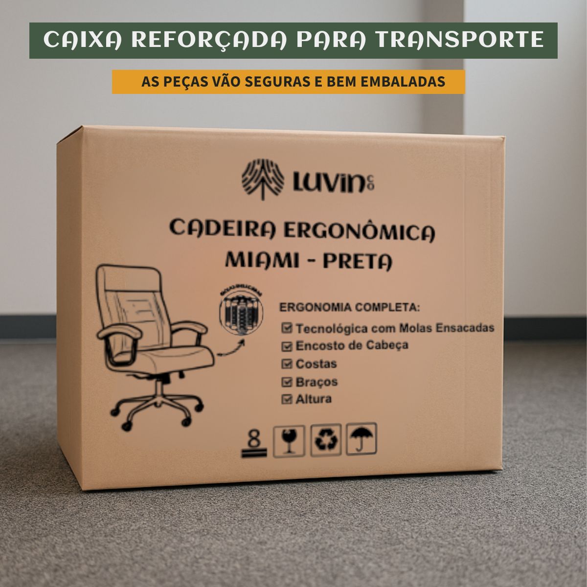Cadeira De Escritório Miami Preta Presidente Ergonômica Tecnológica Com 42 Molas Ensacadas Revestimento Pillow Top LuvinCo
