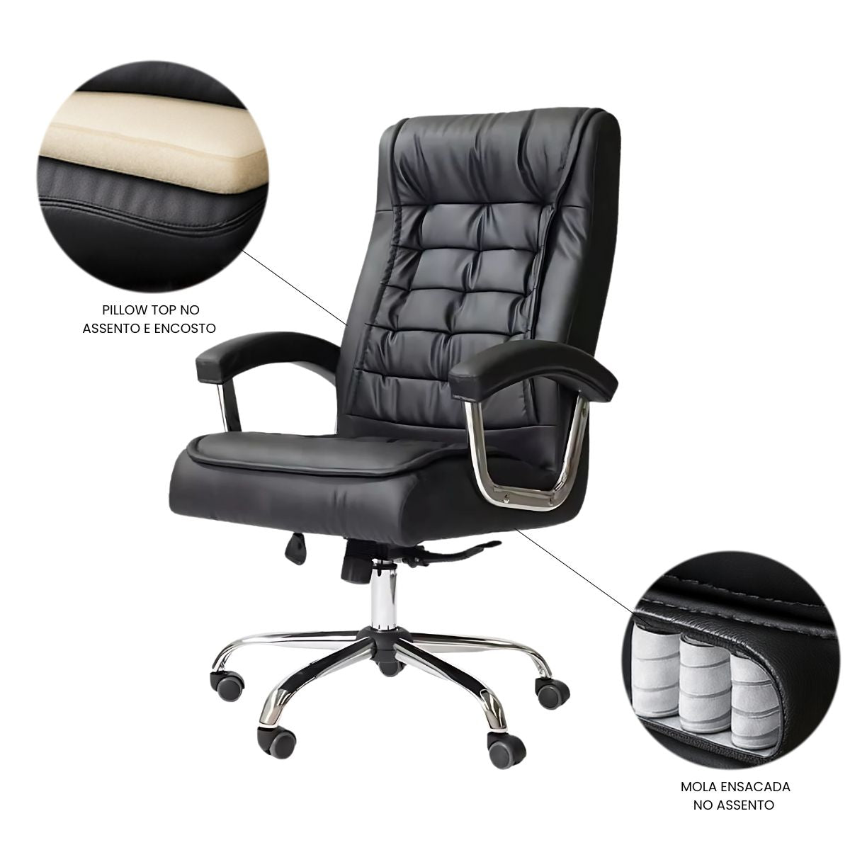 Cadeira De Escritório Miami Preta Presidente Ergonômica Tecnológica Com 42 Molas Ensacadas Revestimento Pillow Top LuvinCo