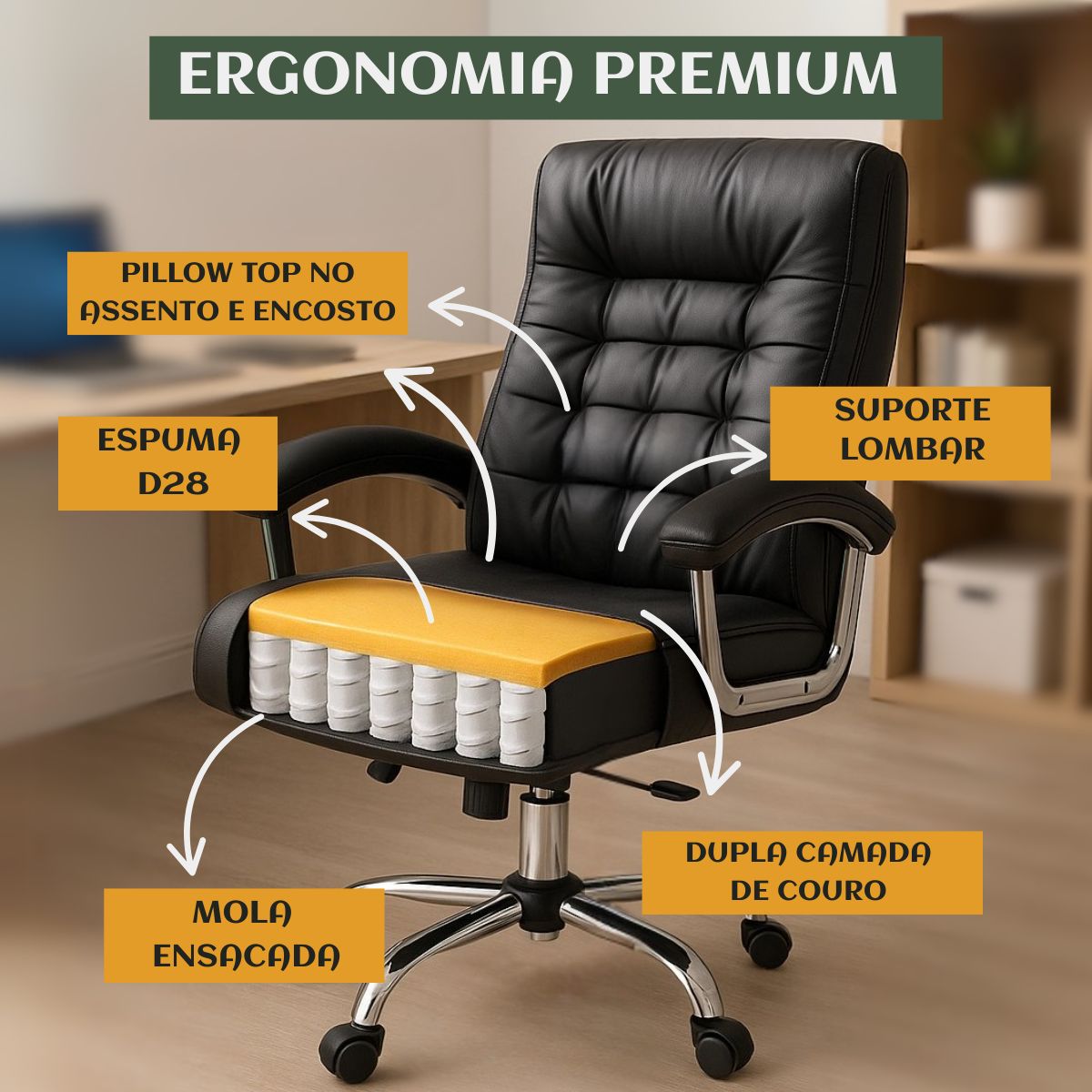 Cadeira De Escritório Miami Preta Presidente Ergonômica Tecnológica Com 42 Molas Ensacadas Revestimento Pillow Top LuvinCo