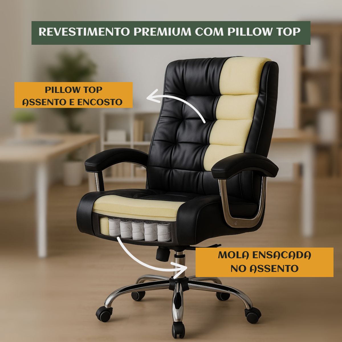 Cadeira De Escritório Miami Preta Presidente Ergonômica Tecnológica Com 42 Molas Ensacadas Revestimento Pillow Top LuvinCo