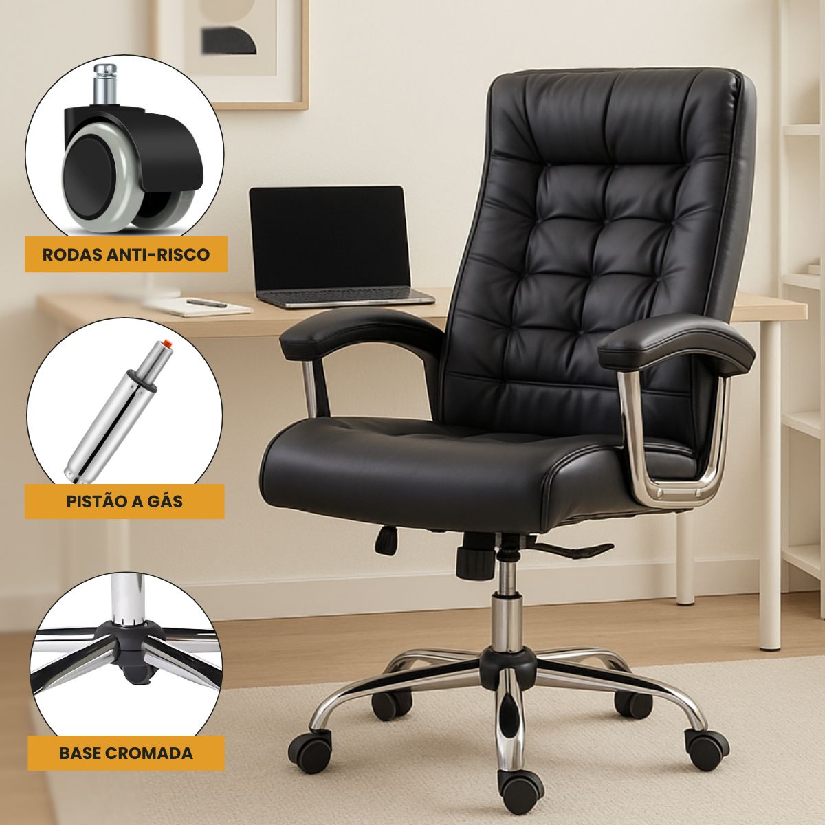 Cadeira De Escritório Miami Preta Presidente Ergonômica Tecnológica Com 42 Molas Ensacadas Revestimento Pillow Top LuvinCo