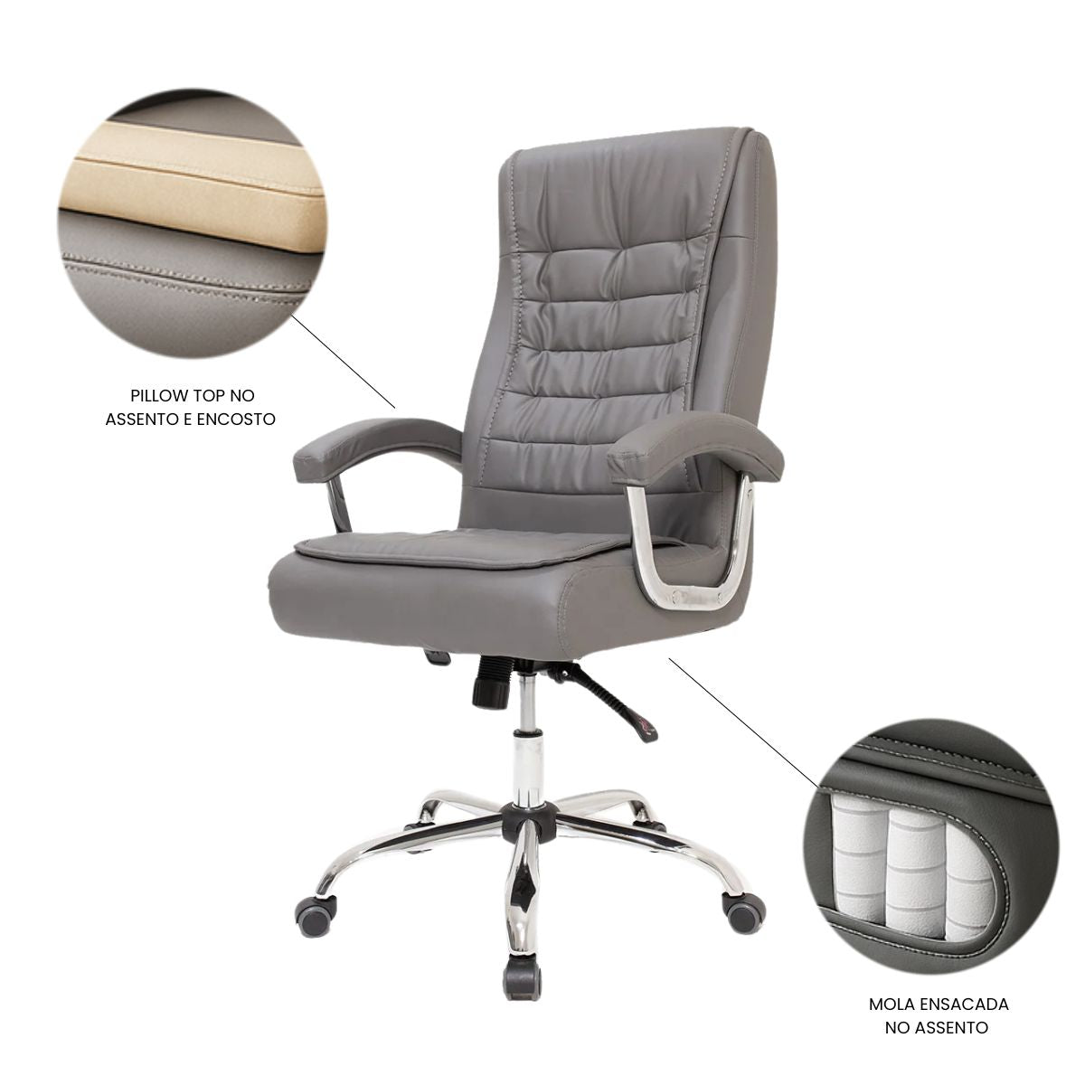 Cadeira De Escritório Miami Preta Presidente Ergonômica Tecnológica Com 42 Molas Ensacadas Revestimento Pillow Top LuvinCo