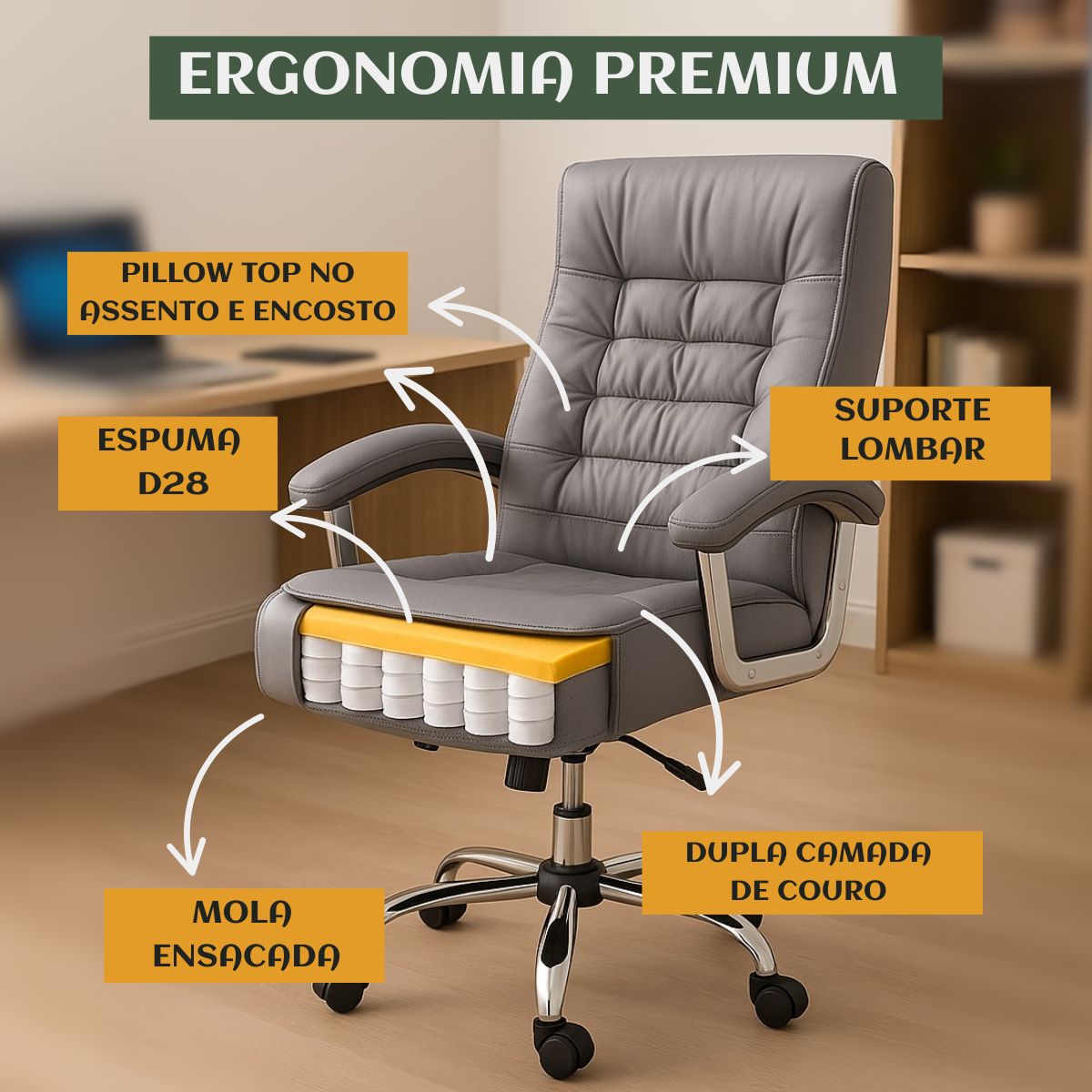 Cadeira De Escritório Miami Preta Presidente Ergonômica Tecnológica Com 42 Molas Ensacadas Revestimento Pillow Top LuvinCo