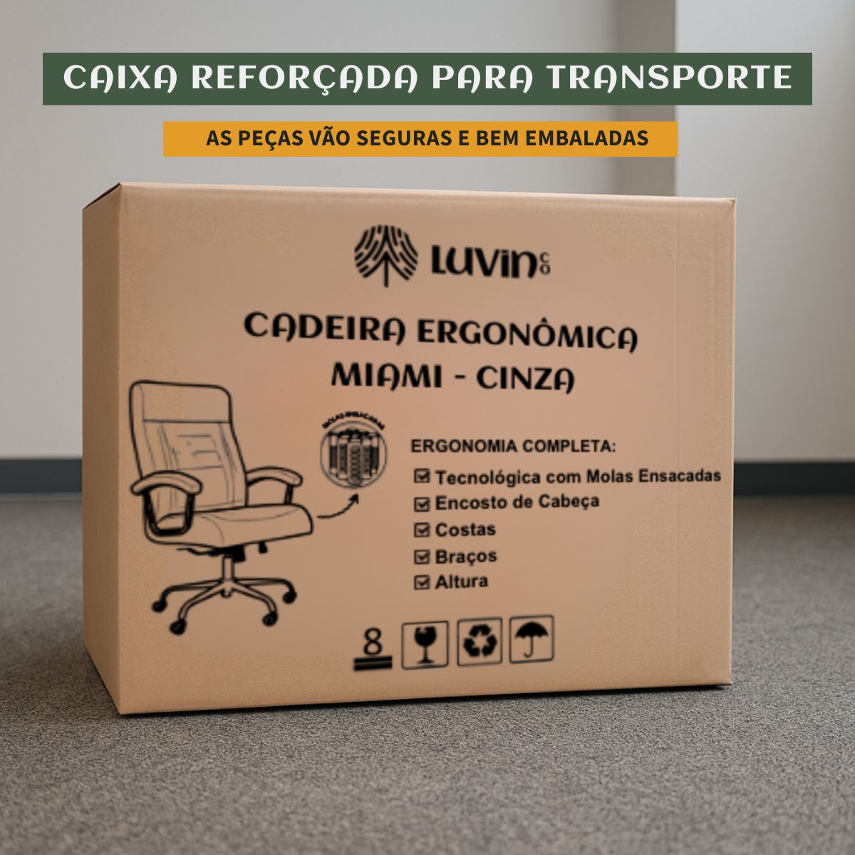 Cadeira De Escritório Miami Preta Presidente Ergonômica Tecnológica Com 42 Molas Ensacadas Revestimento Pillow Top LuvinCo