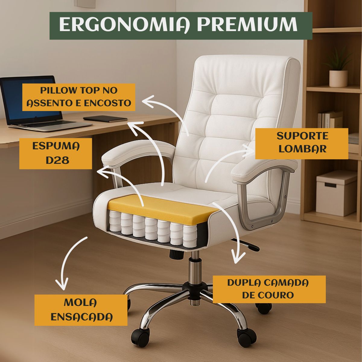 Cadeira De Escritório Miami Preta Presidente Ergonômica Tecnológica Com 42 Molas Ensacadas Revestimento Pillow Top LuvinCo